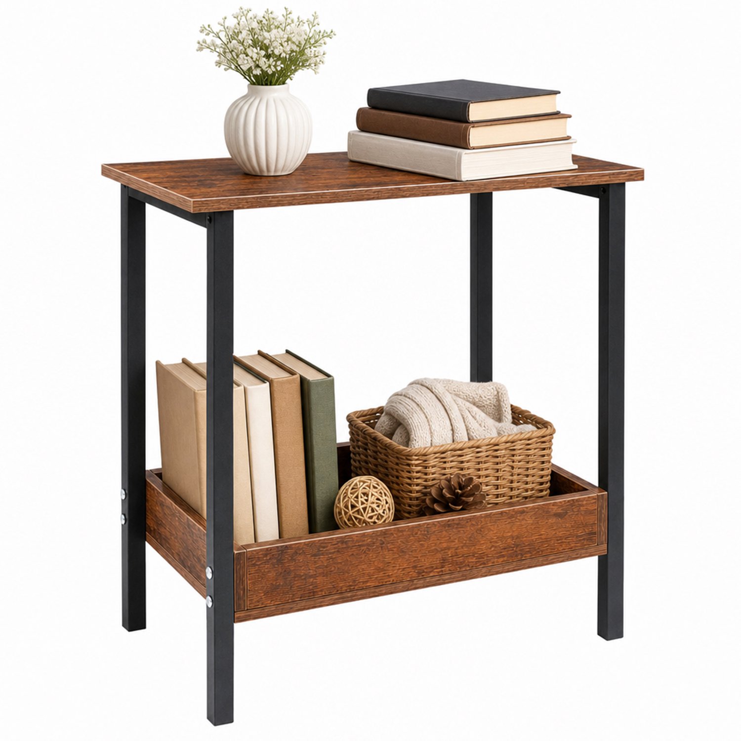 PIPIPOXER Bijzettafel - Tafeltje - Kleine Salontafel - Tafel Industrieel - Met opbergdoos - Salontafel - Dubbele laag - 50 x 25 x 55 cm -Verkoold hout