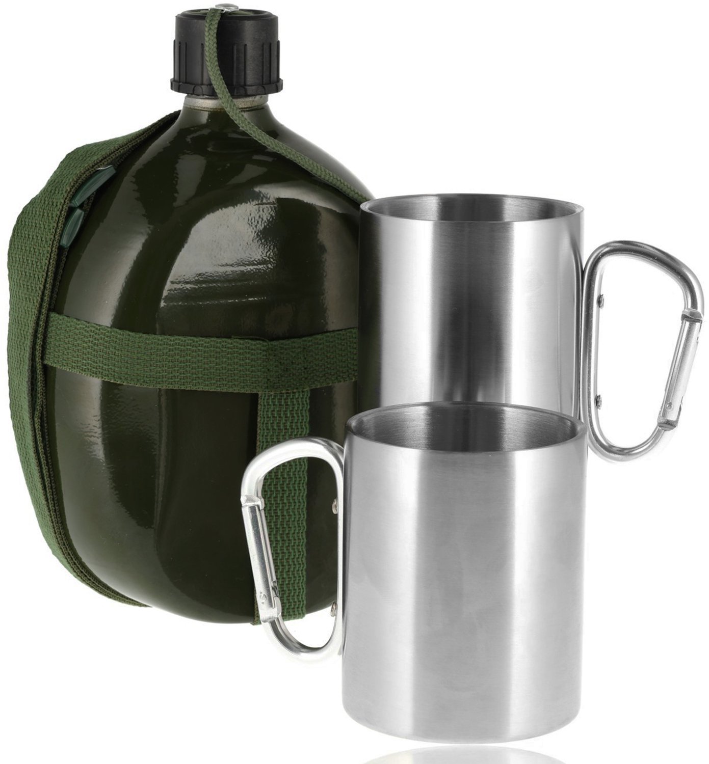 Waterfles 1,4 Liter - Inclusief 2 Dubbelwandige RVS Bekers 220 ml - Grote Drinkfles & Veldfles met Schouderriem - Legergroen - Camping - Outdoor