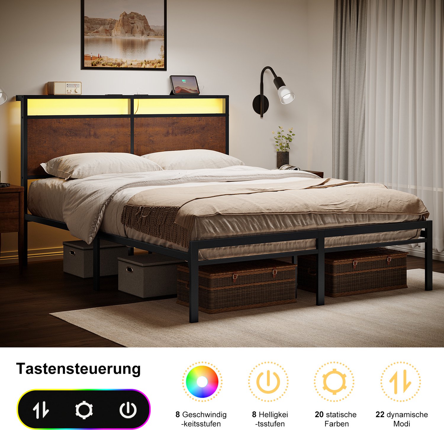 HAUSOURCE FABATO HB001-Tweepersoons Bedframe-160x200 cm-Hoofdbord Met LED-Stopcontacten-Geruisloos-Schwarz
