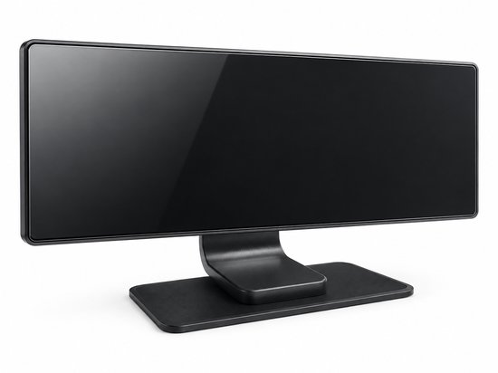 Breed AutoSky smart display op een zwarte standaard, volledig uitgeschakeld tegen een witte achtergrond.