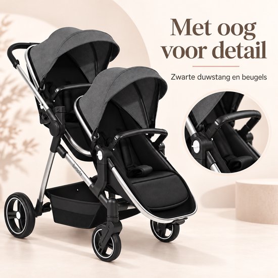 Lunola Noah Duo Kinderwagen - Dubbele Buggy voor Tweeling of Baby en Peuter - Afneembaar Zitje - Compact en Opvouwbaar - Donker Grijs — afbeelding 2