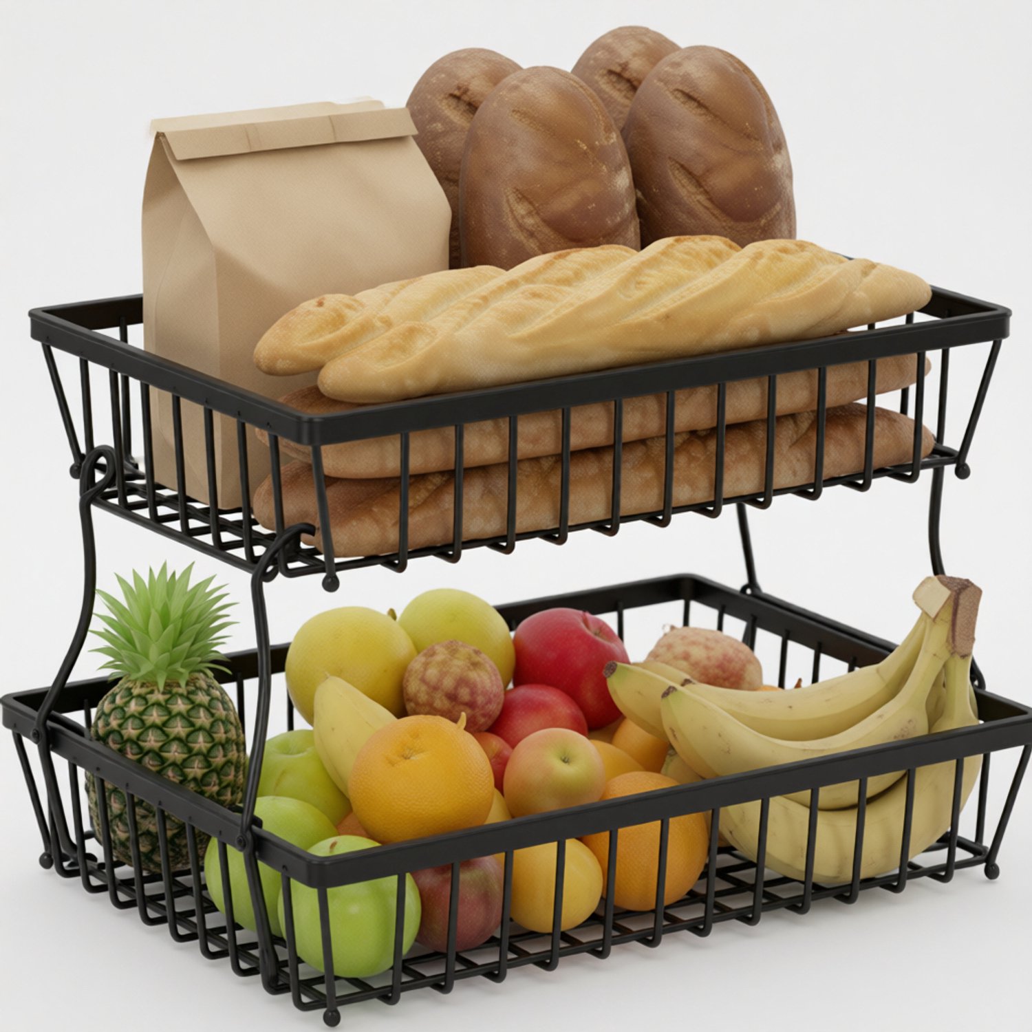 Zwarte 2-Laags Draadmand Opbergrek voor Keuken, Fruit en Snacks - Stapelbaar Metaal