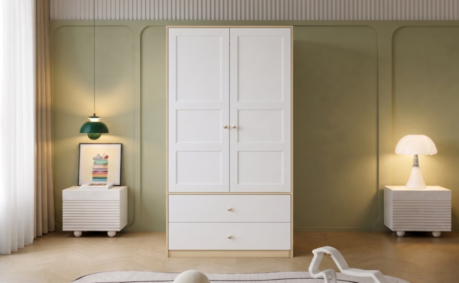 MODENUIT Kledingkast - 2 Deuren, 2 Lades En Kledingstang - Slaapkamer - MDF - 100x48x180 Cm - Wit Naturel