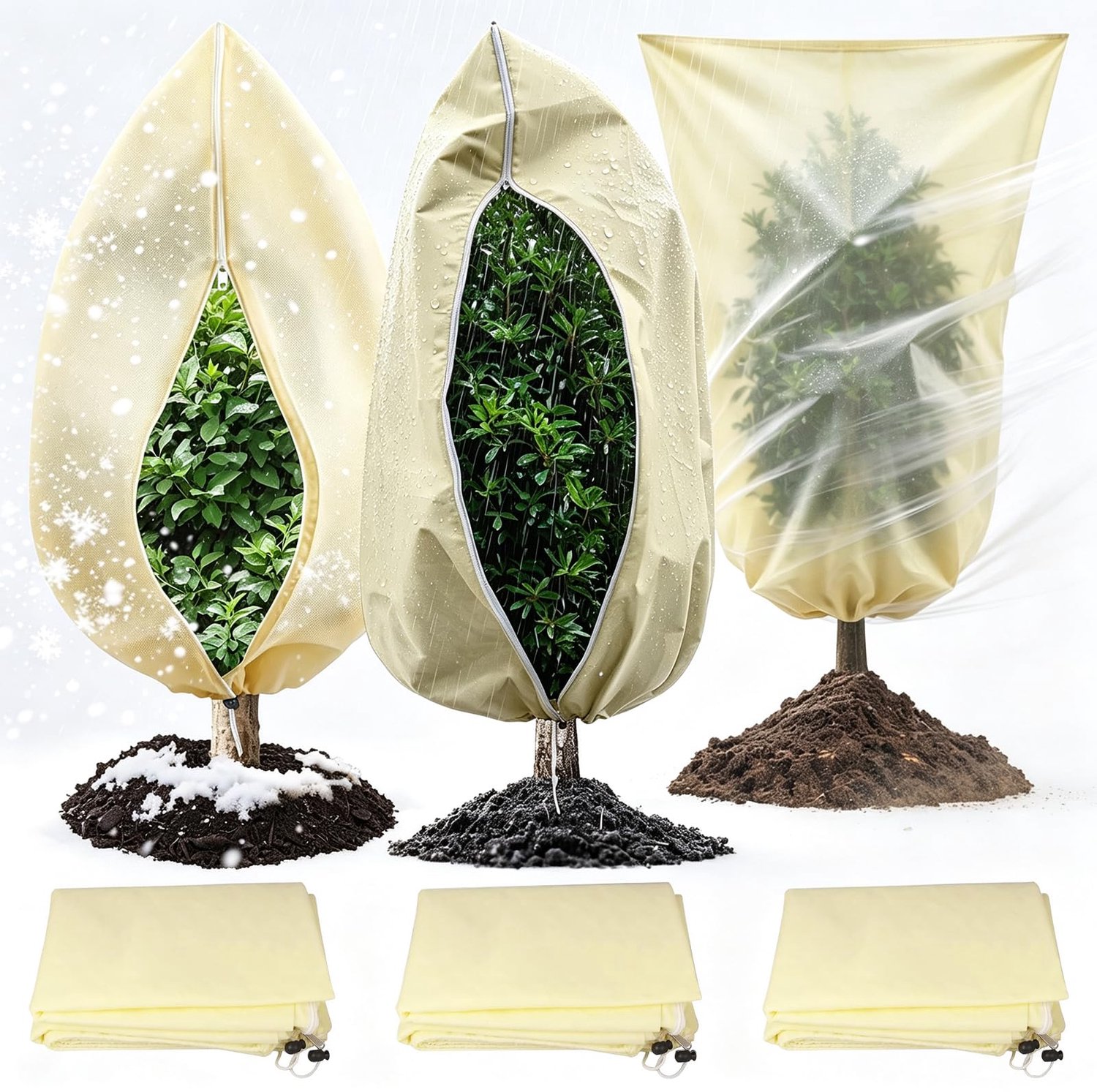 Famanu - Winterbescherming voor planten - Beschermt tegen kou en vorst - Duurzaam polyester - Groen 3 stuks