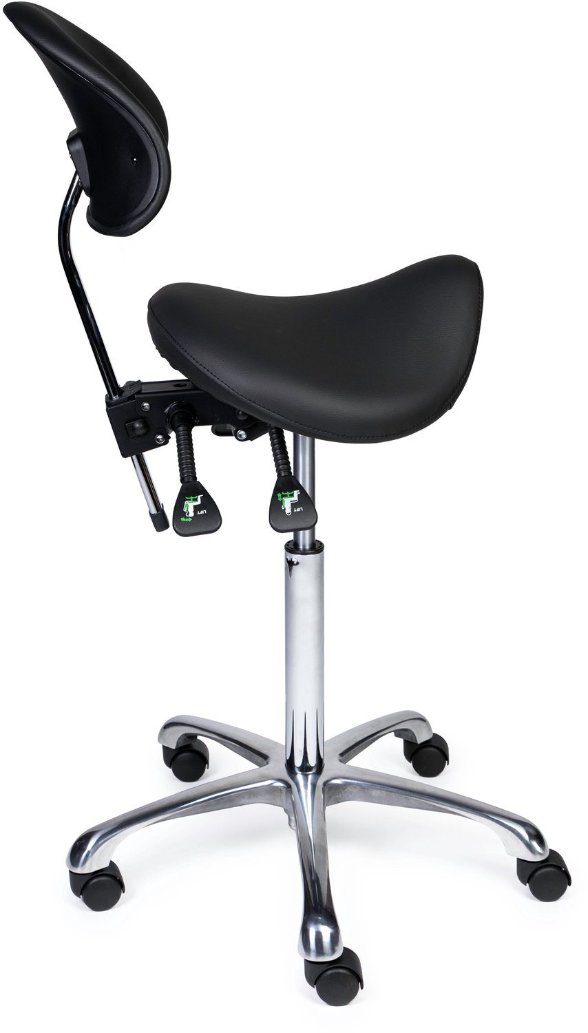Ergonomische Zadelkruk met Rugleuning Premium Zwart op Wielen Hoge uitvoering (70-84cm) / Met voetensteun / Voetdoppen