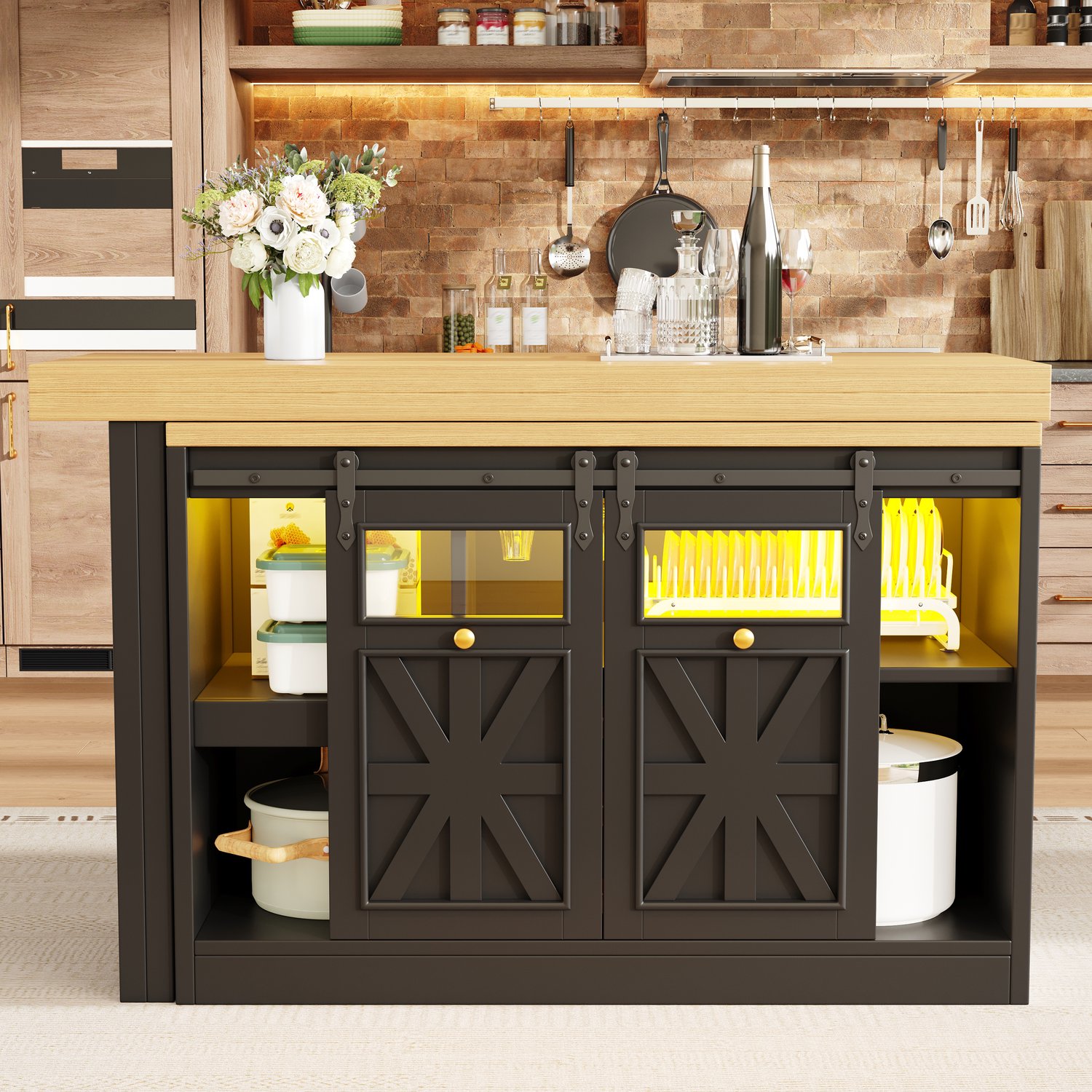 Clruro Eettafel - 120–197×40×72 cm - met Dressoir - 360° Draaibaar en RGB-LED - MDF - Zwart