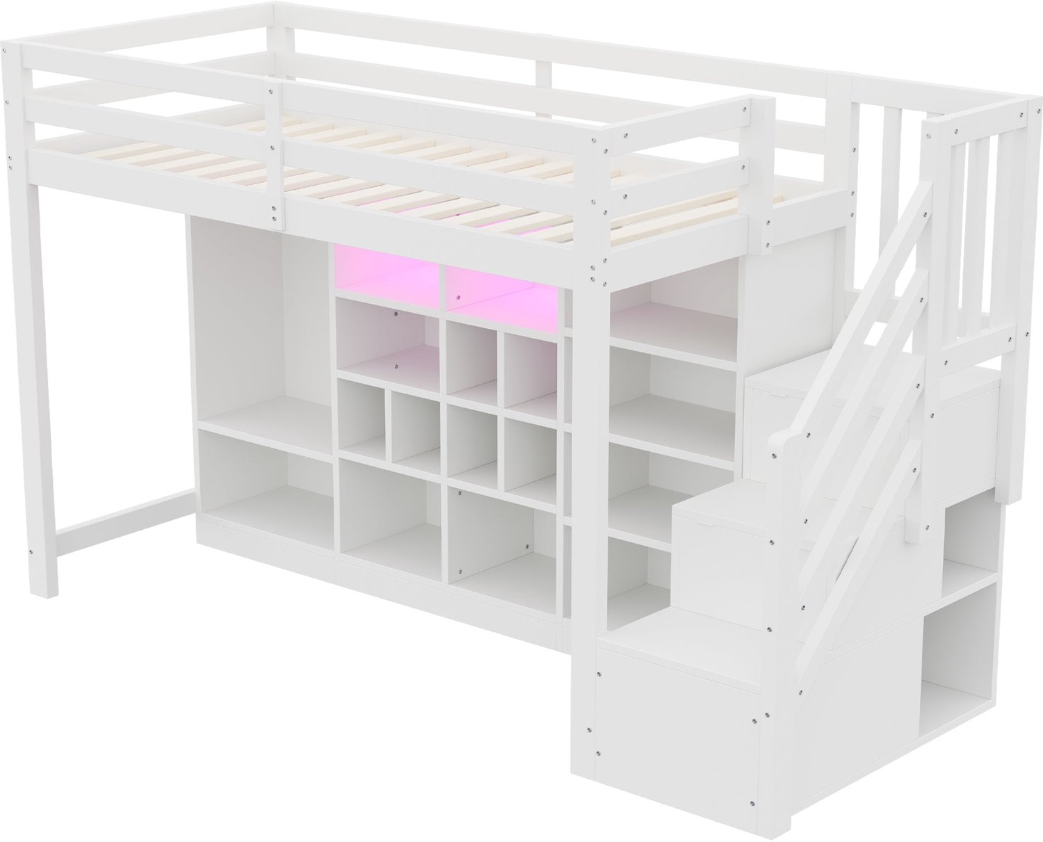 Merax Hoogslaper 90 x 200 cm - Kinderbed Met Kledingkast En Opbergruimte - Trap Met Opbergvakken - Houten Lattenbodem - LED-Verlichting - Wit