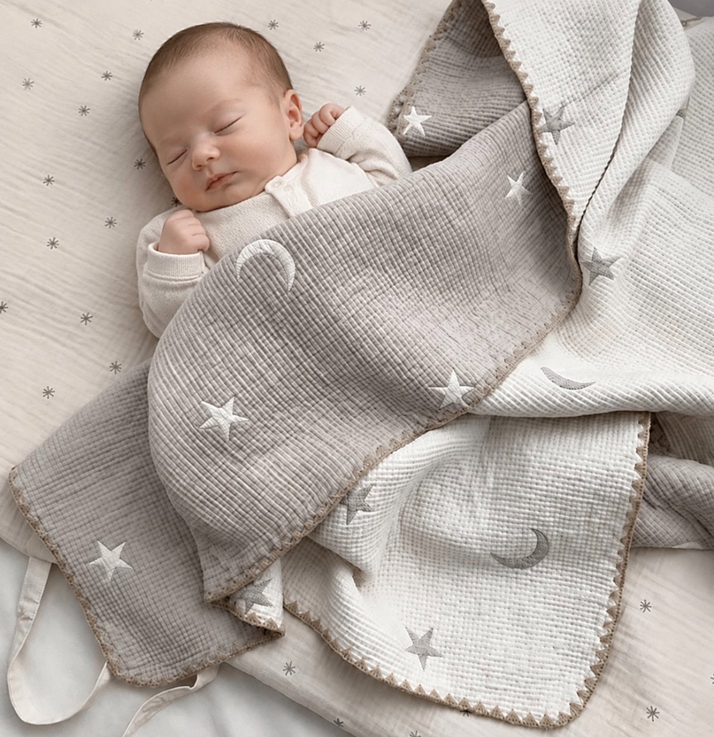 dubbelzijdig Cotton baby deken met maan en sterren in licht beige 100x 110 cm