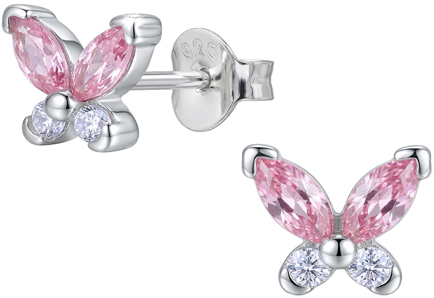 Joy|S - Zilveren vlinder oorbellen - 7 x 5.5 mm - vlinder oorknopjes - roze en lila zirkonia - sterling zilver 925 - dames oorbellen met vlindersluiting