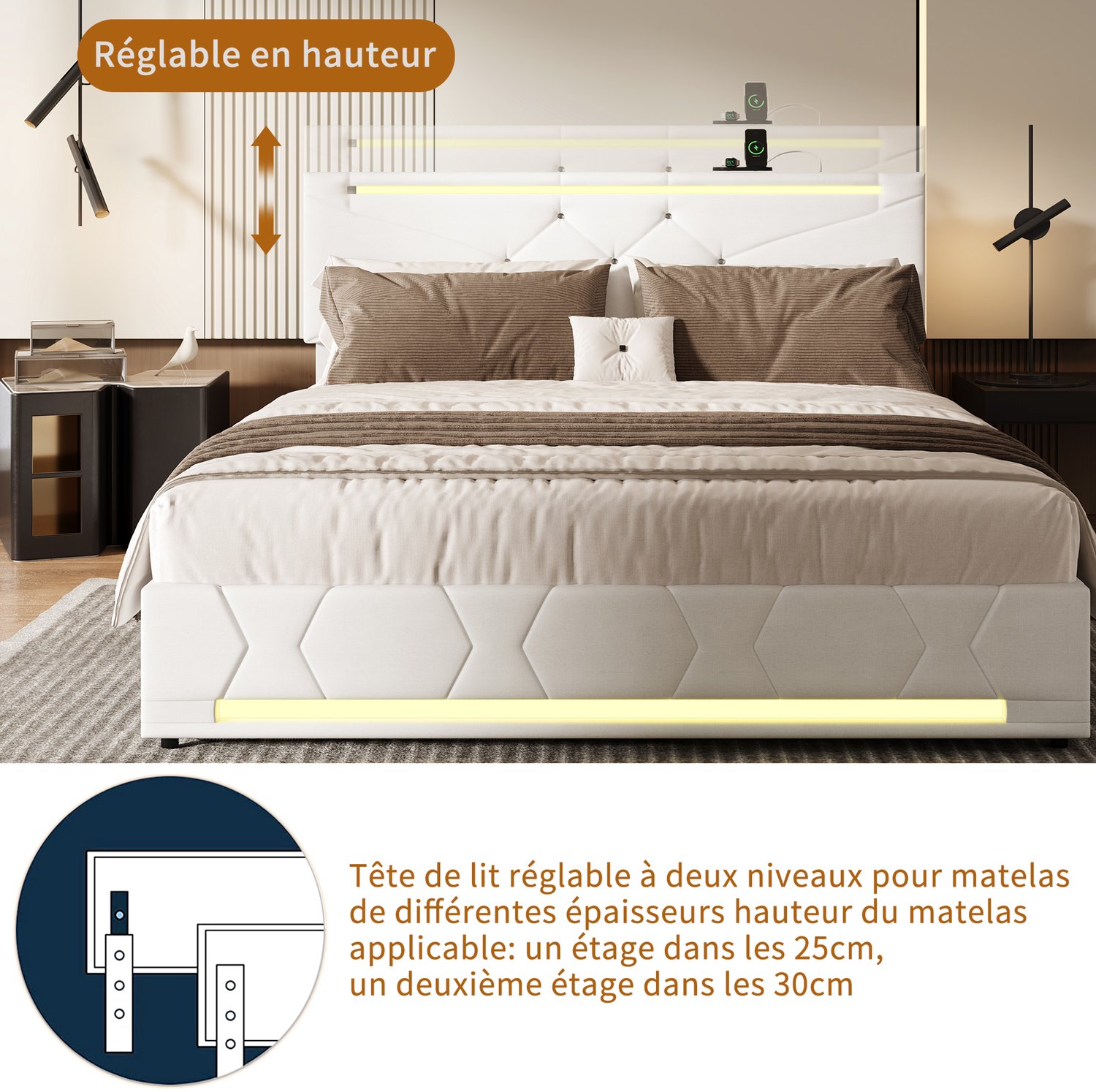 Hydraulisch Opbergbed 160x200 cm - Beige Tweepersoonsbed met Ruime Opbergruimte, LED-Verlichting en USB-Oplaadpoorten, Gestoffeerd Hoofdbord thumbnail 6