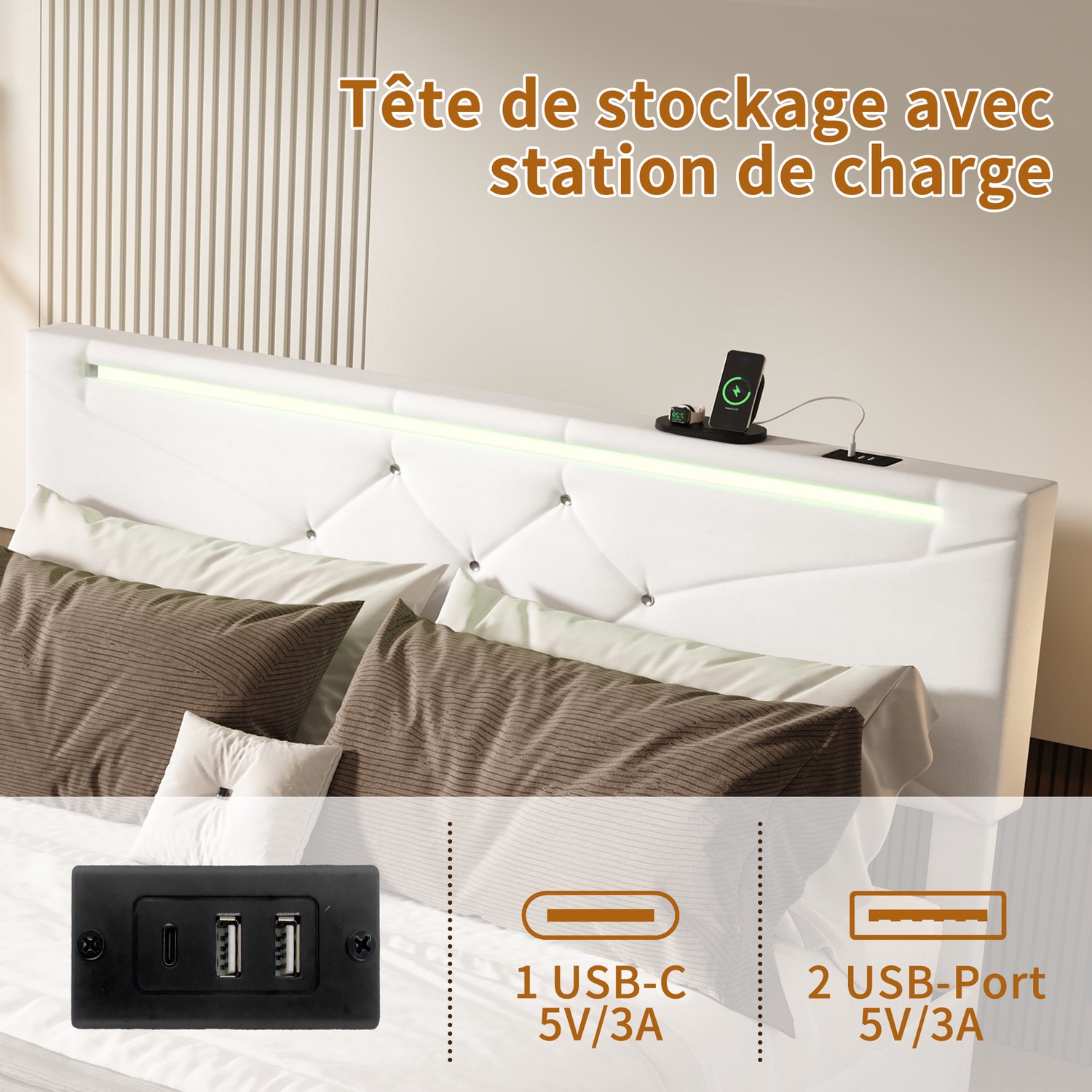 Hydraulisch Opbergbed 160x200 cm - Beige Tweepersoonsbed met Ruime Opbergruimte, LED-Verlichting en USB-Oplaadpoorten, Gestoffeerd Hoofdbord thumbnail 3