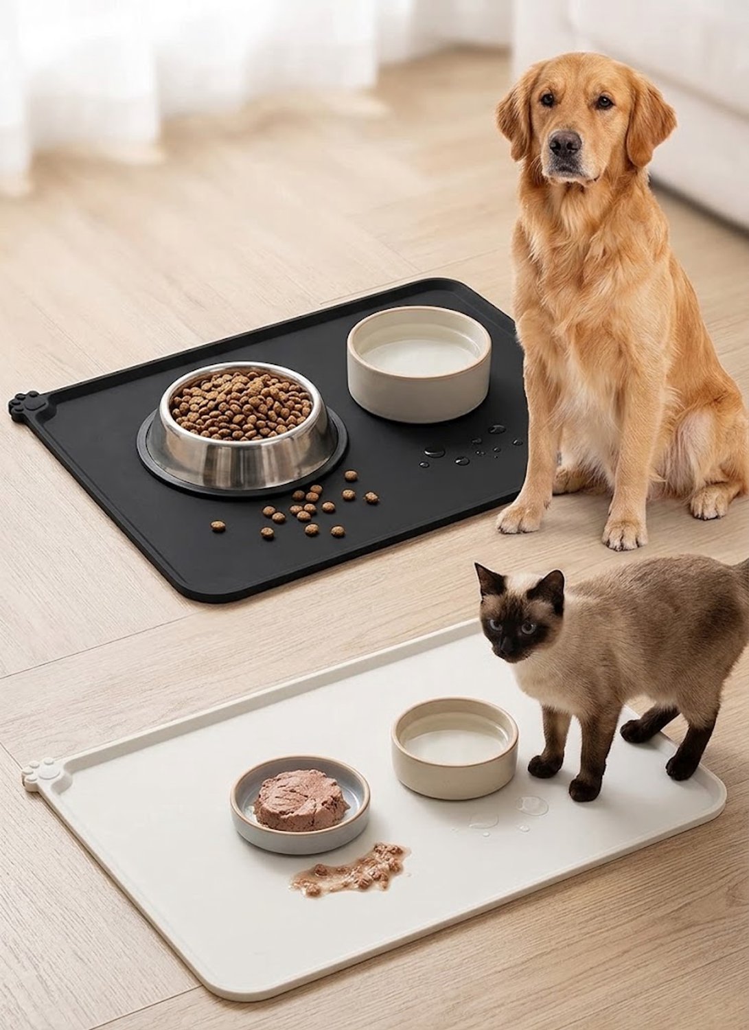 2-delige Siliconen Voerbakmat voor Hond en Kat – 48 × 30 cm – Antislip Voerbak Onderlegger – Voor Eet- en Drinkbakken – Waterbestendig en Gemakkelijk te Reinigen