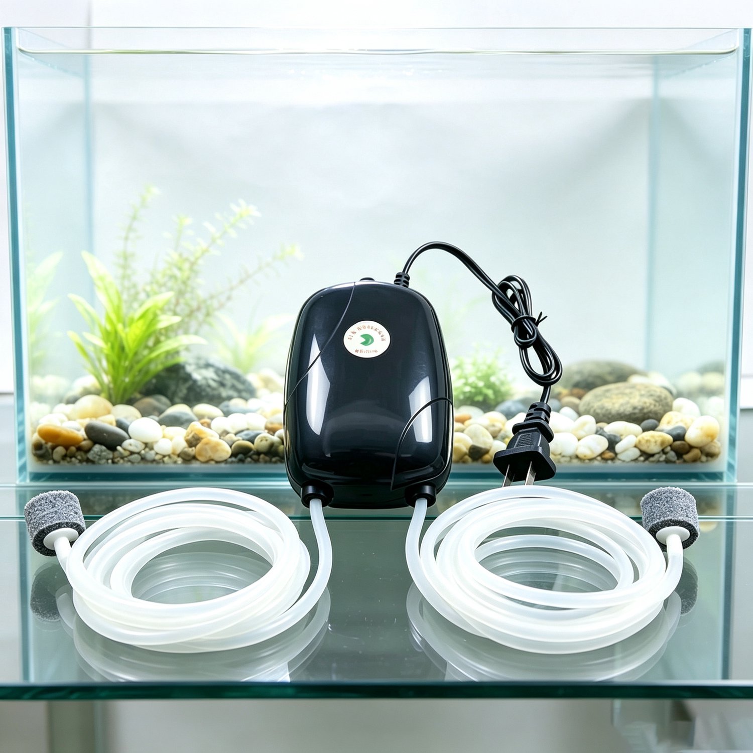 Aquarium zuurstofpomp RS-390, krachtige stille luchtpomp voor vissenbakken 5W dubbele ronde stekker zwart, inclusief 4m zuurstofslang +2 luchtsteen, afmeting 12*8*5cm