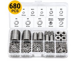 RVS Sluitringen Set - 680-delig Assortiment M2-M12 - Platte Ringen voor Bouten en Moeren - Zilver