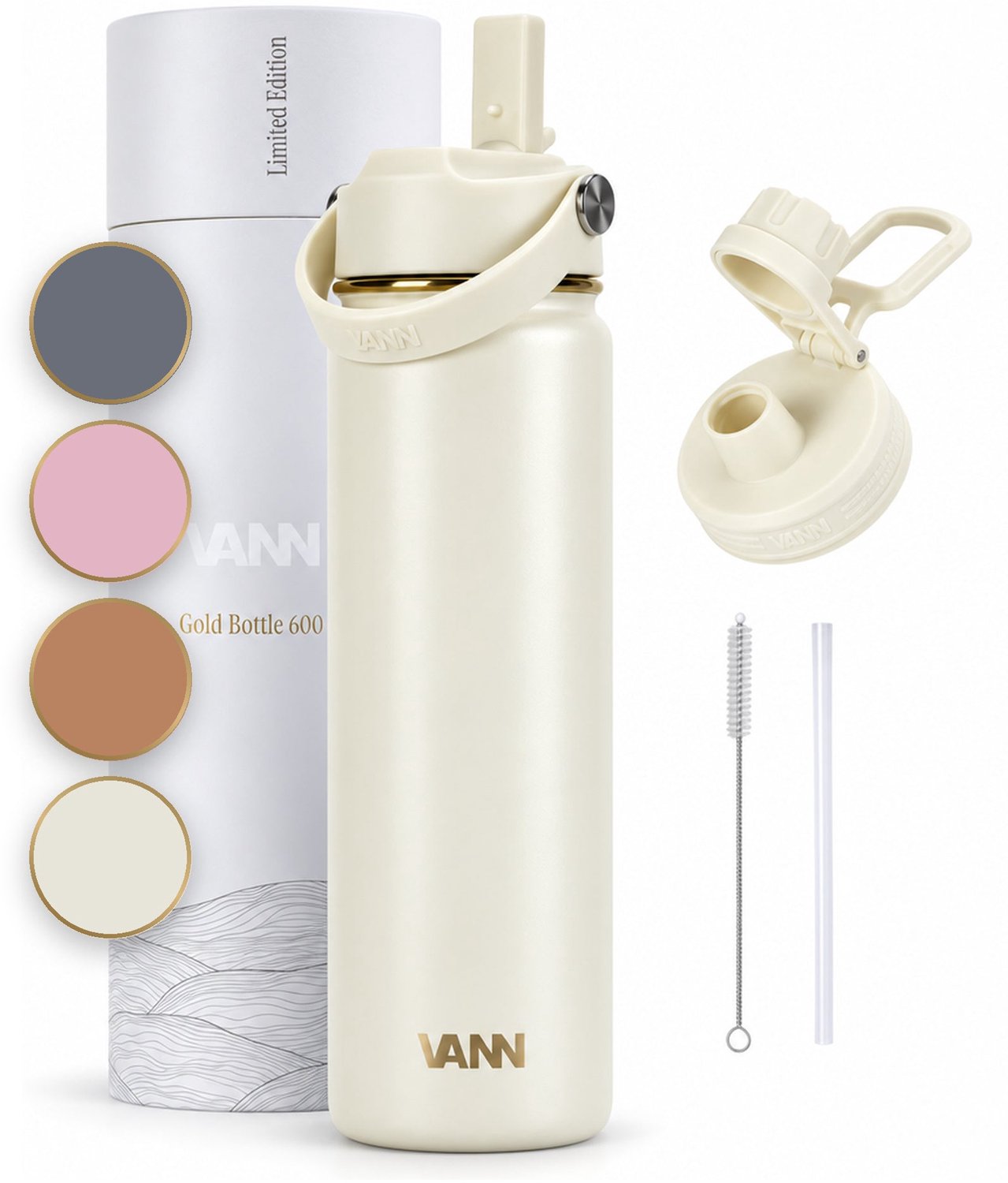 VANN® RVS Drinkfles 650 ML met rietje voor volwassenen – 3-Wandig – Met 2 doppen – Thermosfles – 12 uur warm/24 uur koud – Cadeau voor man en vrouw – VANN Gold Botte Ivory