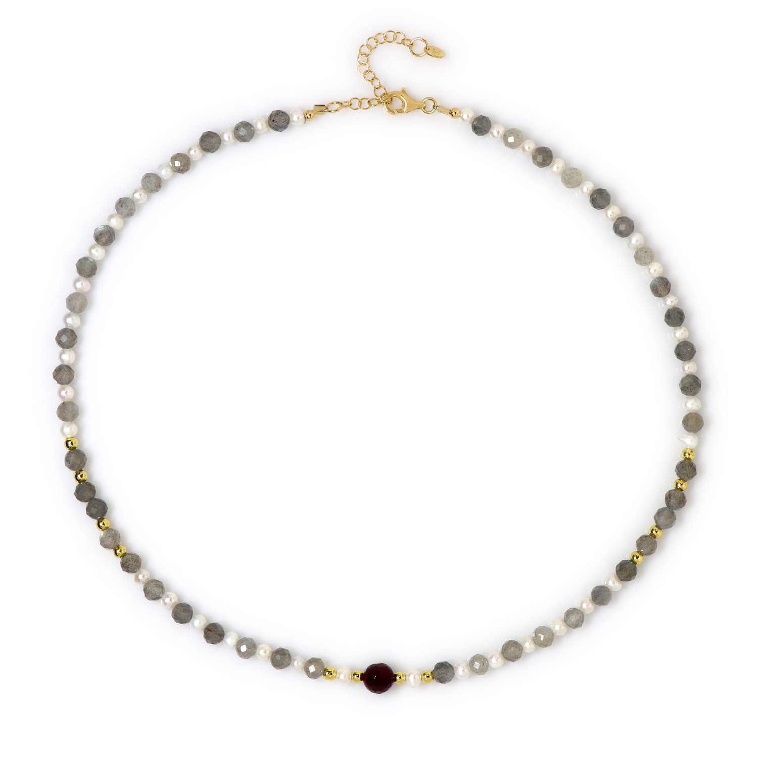 Cavill - Handgemaakte Zilveren Halsketting - 925 Sterling Zilver - Roze Agaat 2.993 ct, Labradoriet 41.762 ct & Goud Hematiet