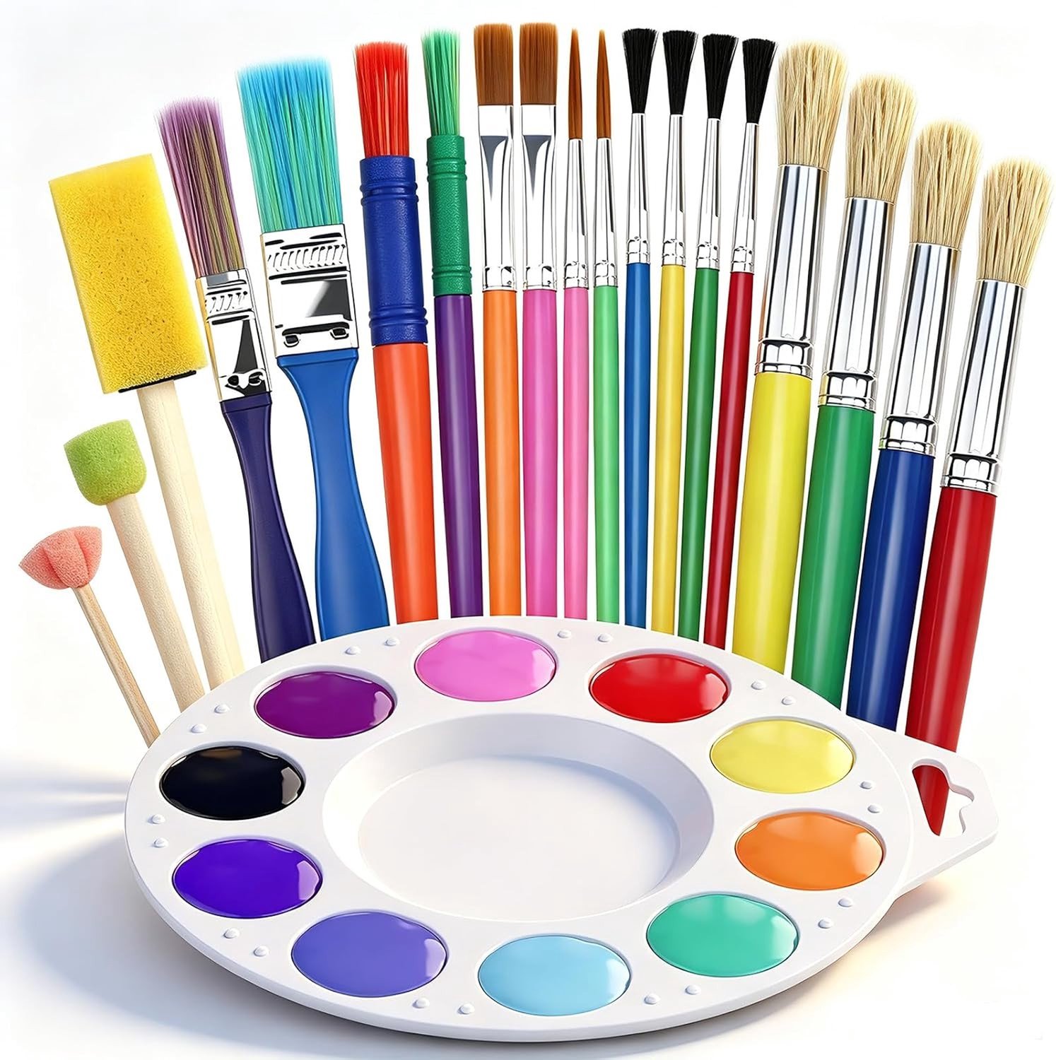 Set van 20 schilderkwasten met 19 kleurrijke kwasten en 1 palet, ideaal voor acrylverf, aquarelverf en wasbare kleuren