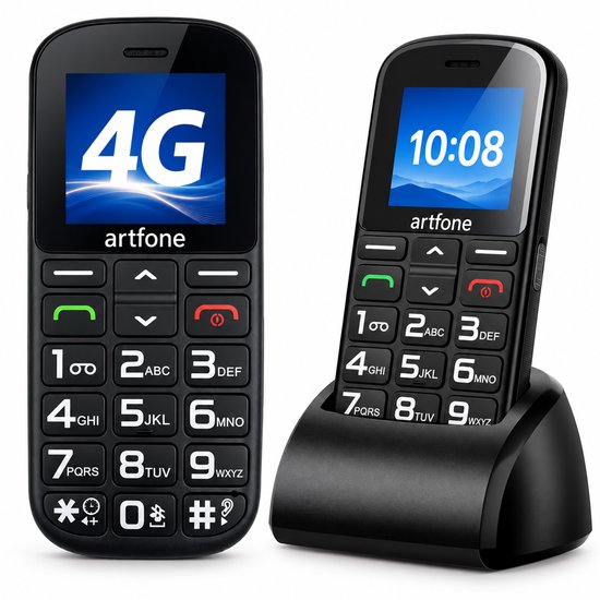 Zwarte Artfone mobiele telefoon met 4G-logo op het scherm, links en rechts in laadstation.