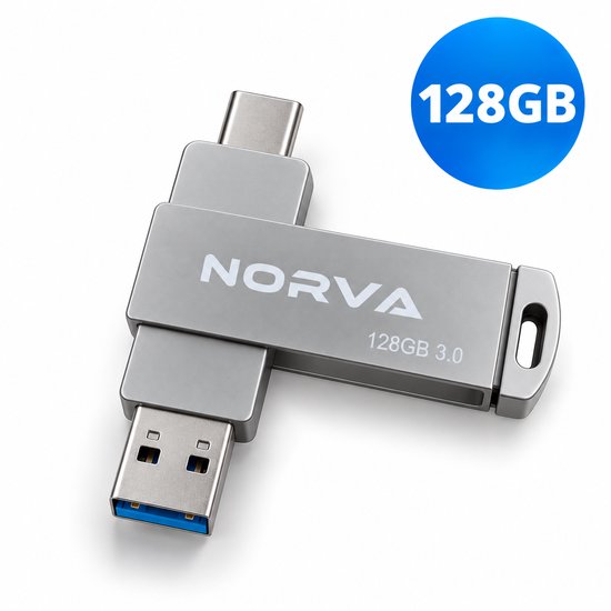 Zilverkleurige Norva USB-stick 128GB met USB-C en USB-A 3.0 aansluitingen.