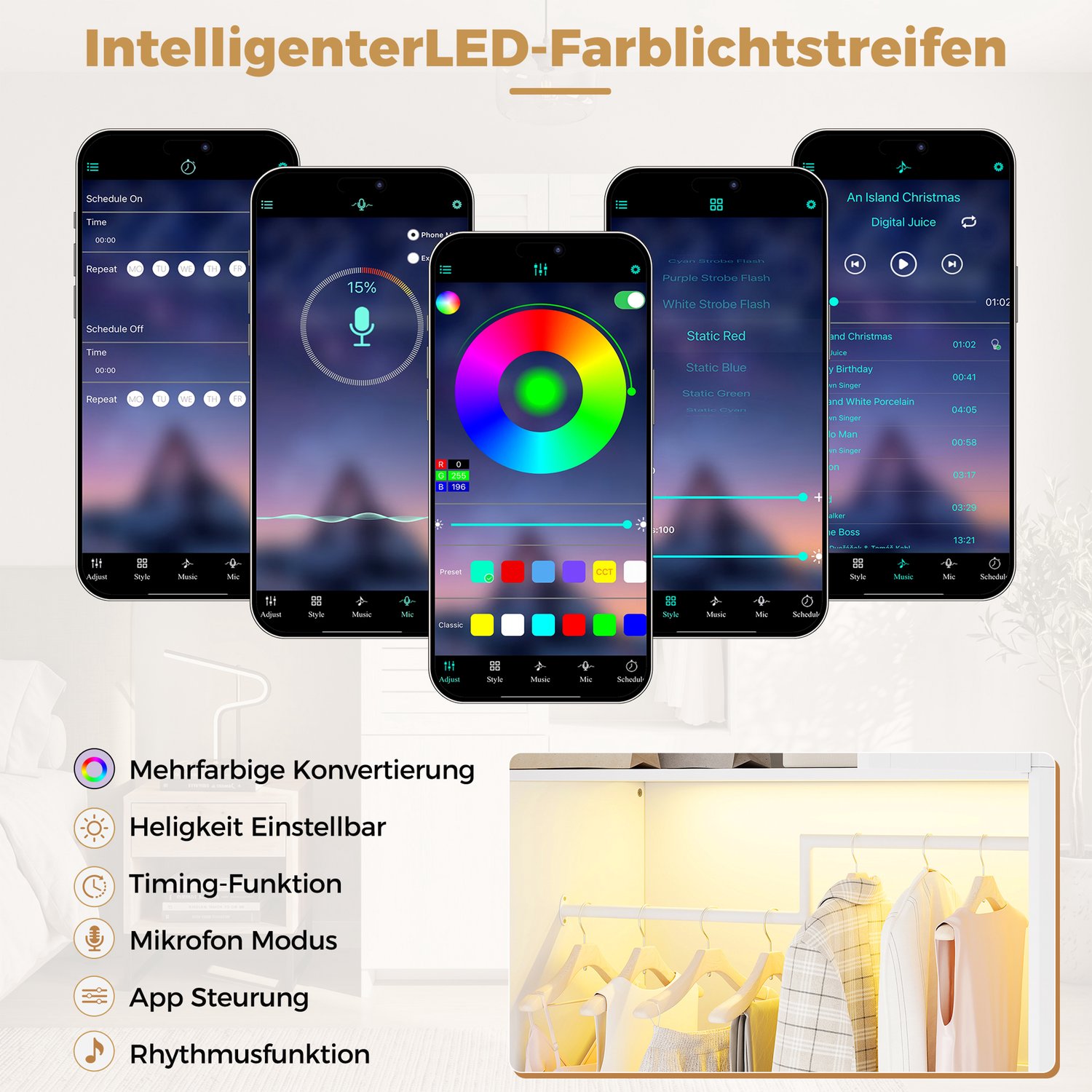 MODENUIT Kledingkast - LED-Verlichting En Wasmand - Slaapkamer Of Woonkamer - Spaanplaat - 90x50x200 Cm - Wit