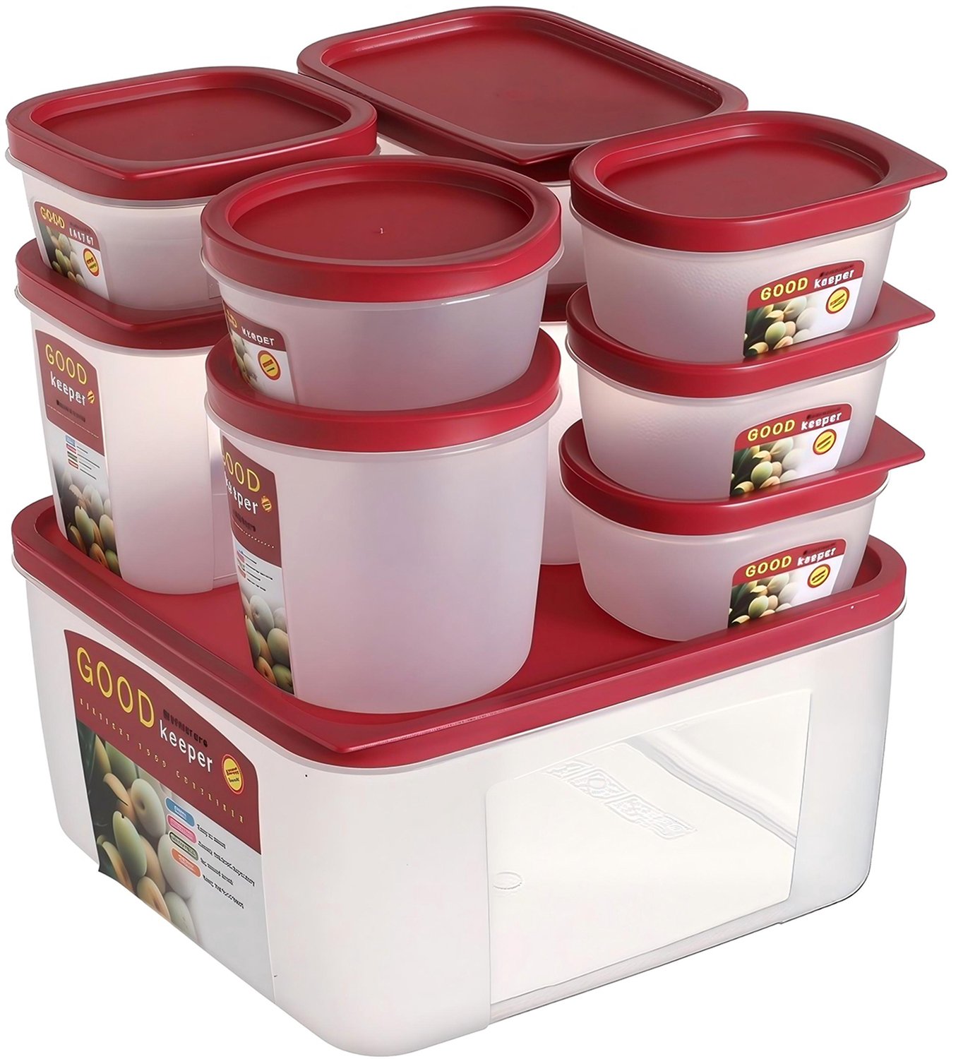 REFTTENW 10-Delige Voedselbewaarset (3X175 Ml, 2X220 Ml, 1X500 Ml, 1X450 Ml, 1X400 Ml, 1X800 Ml, 1X3700 Ml) - Stapelbaar & Nestbaar - Bpa Vrij - Lucht- En Aromadicht - Meal Prep Container Transparant Met Rode Deksels