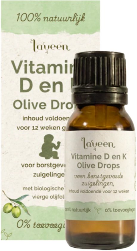 Bruine glazen fles met druppelaar, 'Laveen Vitamine D en K Olive Drops' etiket, 100% natuurlijk.