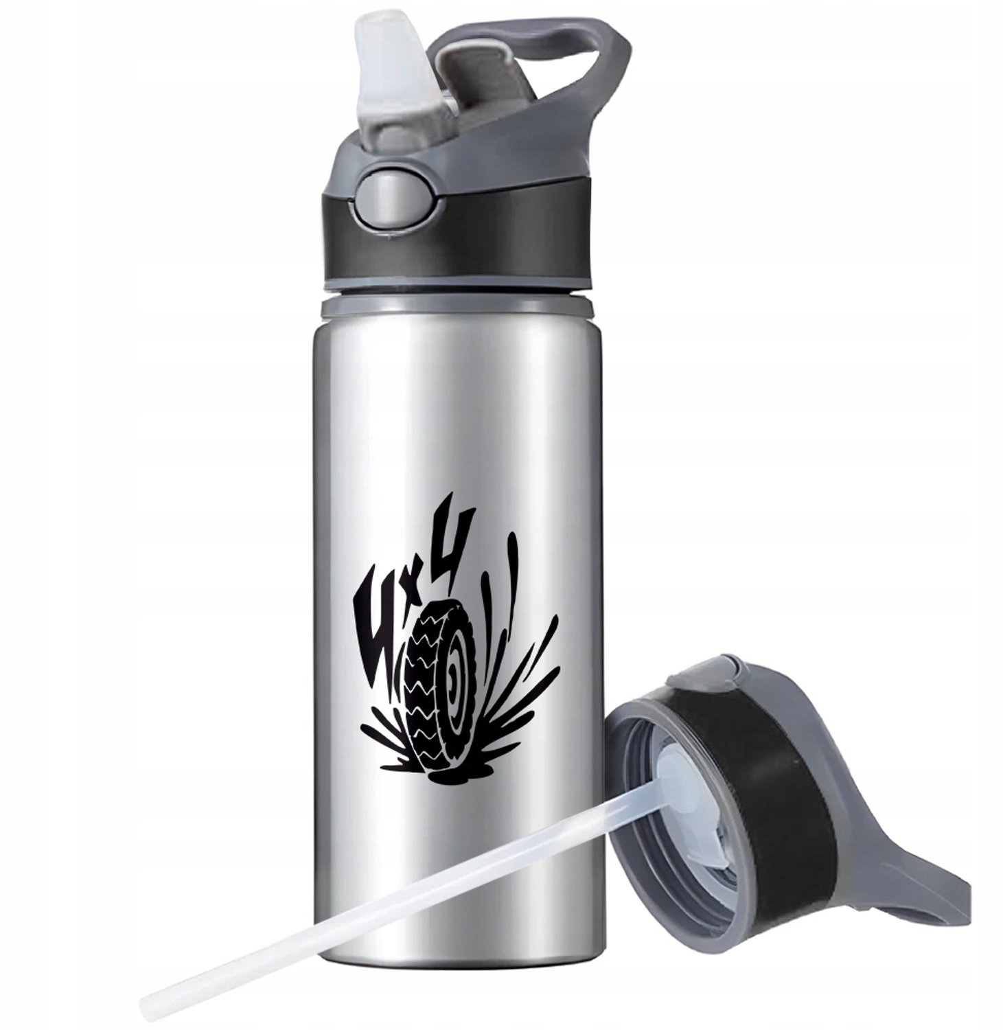 Aluminium Sport Bidon 650ml met Rietje en Handvat - Zilver