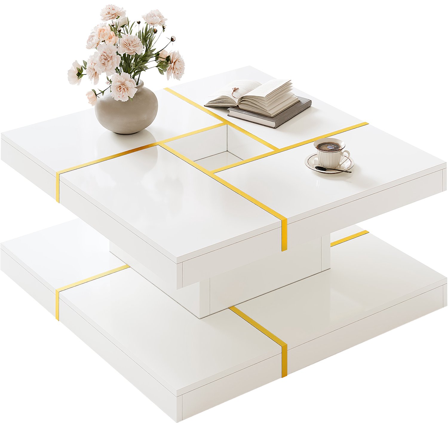Clruro Salontafel - 80×80×38 cm - Vierkant - 2 Niveaus - Spaanplaat - Wit/Goud