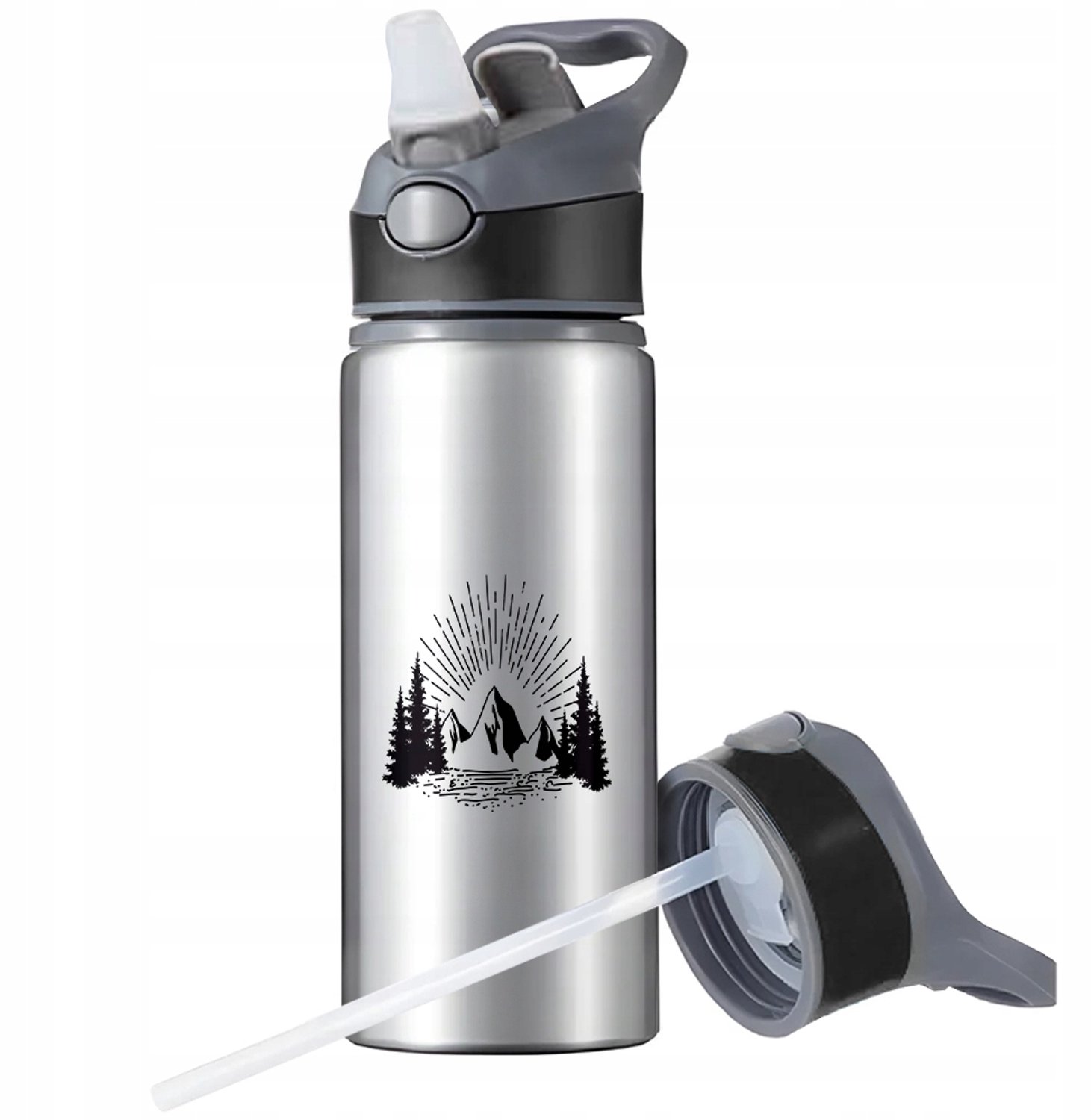 Aluminium Sport Bidon 650ml met Rietje en Handvat - Zilver