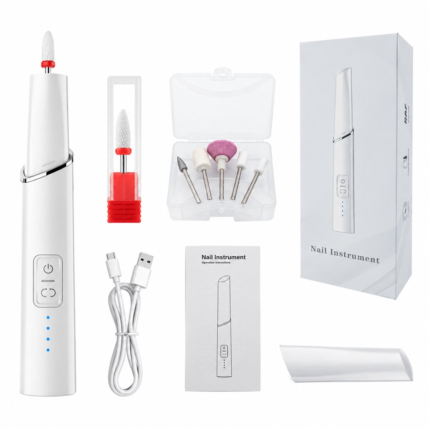 elektrische nageltrimmer - 6 slijpkoppen - meerdere snelheden - oplaadbaar en draagbaar - witte M1 kunststof uitvoering