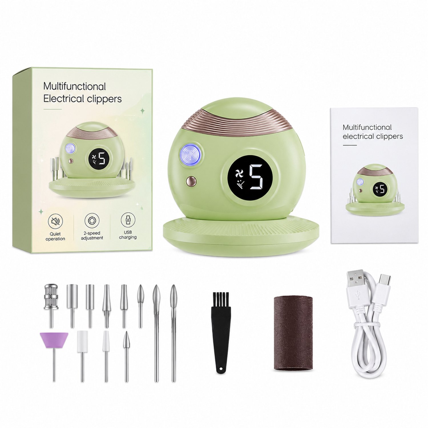 Elektrische nagelknipper - 2 snelheden - USB-oplaadbaar - met oplaadkabel, borstel en handleiding - groen