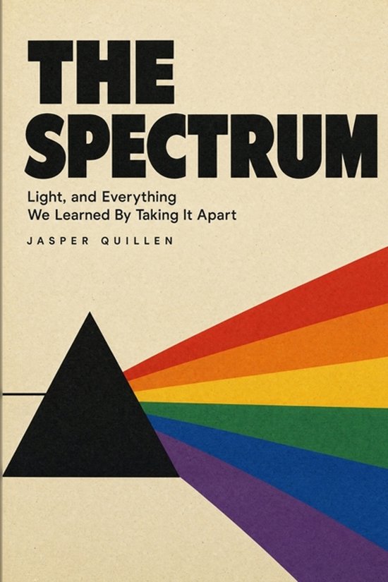 Boekomslag getiteld 'The Spectrum' door Jasper Quillen, met een zwarte prisma die licht splitst in een regenboog.