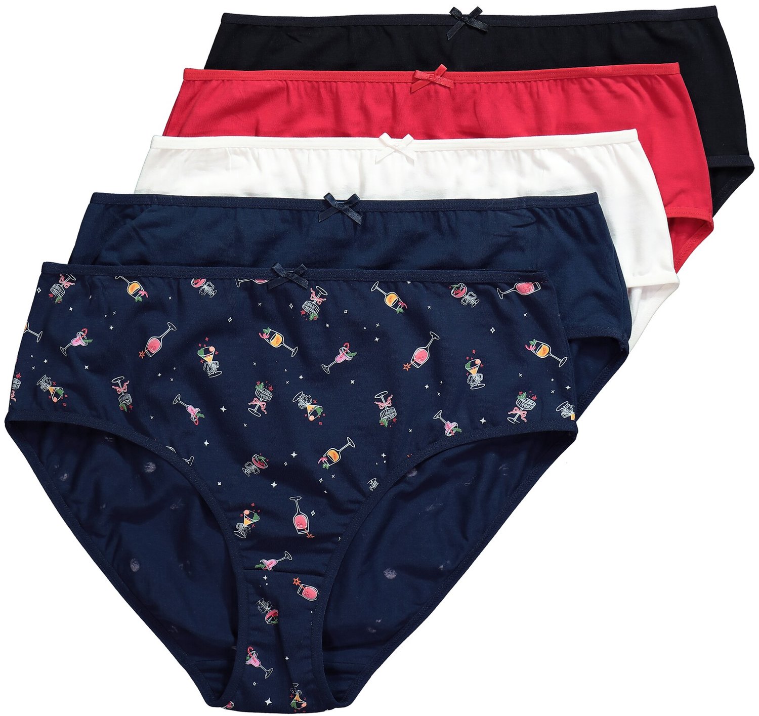 Ulla Popken - Dames - Midislips set van 5 cocktailpatroon/effen - Nachtblauw - Maat 50+