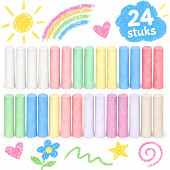 24 grote krijtjes in regenboogkleuren, met tekeningen van een zon, regenboog en hartje.