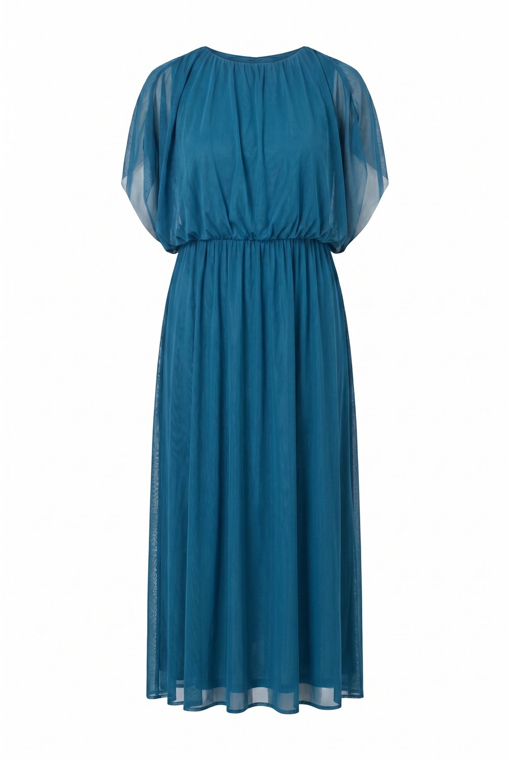 Ulla Popken - Dames - Maxi-jurk ballonmodel bovenstuk ronde hals mouwloos - Petrolblauw - Maat 54+
