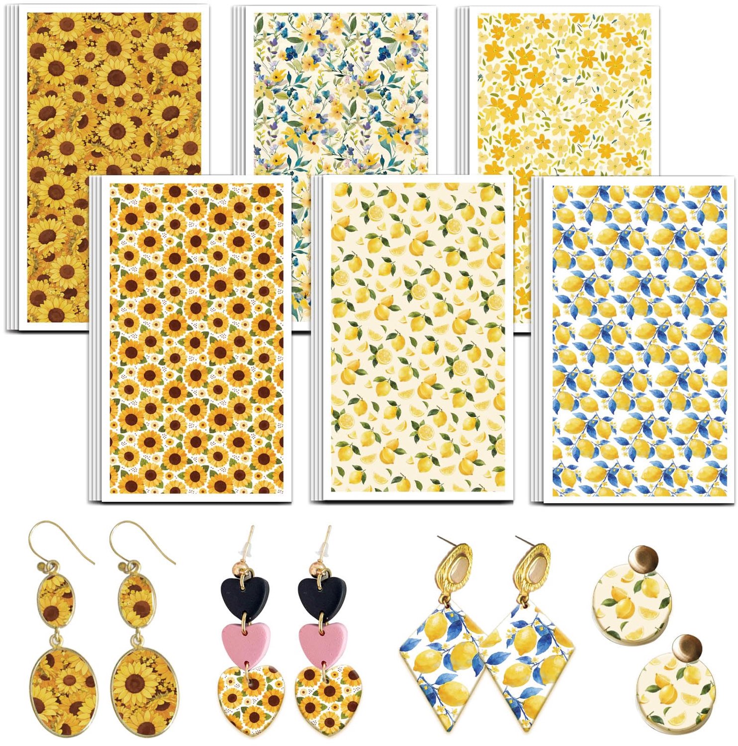 Transferpapier voor polymeerklei - 24 stuks met 6 bloem- en citroendesigns - voor keramiek en sieraden maken - geel - 24 stuks