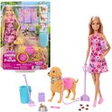 Barbie Malibu pop met bruine hond, roze jurk met bloemenprint, roze accessoires, voer en poepjes.