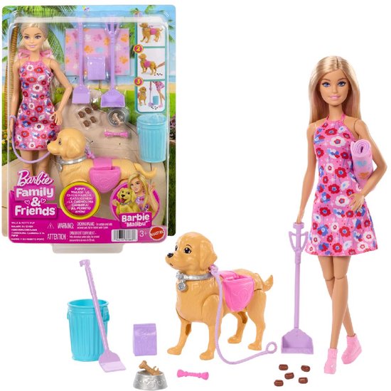 Barbie Malibu pop met bruine hond, roze jurk met bloemenprint, roze accessoires, voer en poepjes.
