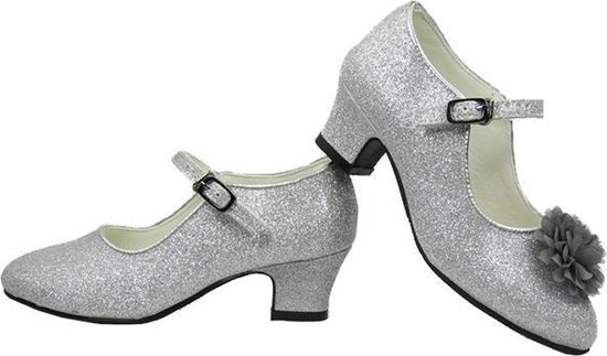 invoegen Fondsen Raadplegen zilver glitter schoenen met hakken + bloemclips + broche (maat 25 -  17,5cm)... | bol.com