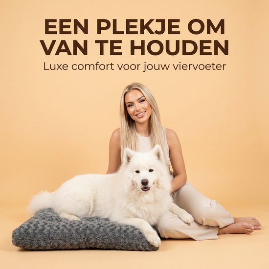 Vrouw zit naast een witte hond op een grijs hondenkussen.