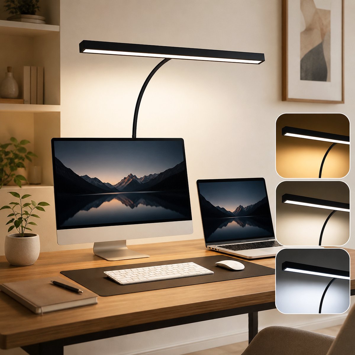 Lapamax LED Bureaulamp Dimbaar - Leeslamp met 70 cm Flexibele Zwanenhals & 40 cm Brede Lampkop - 360° Verstelbare Werklamp met 3 Lichtkleuren en 10 Helderheidsniveaus - voor Thuiswerk, Groot Bureau, Studie en Hobby - USB Voeding