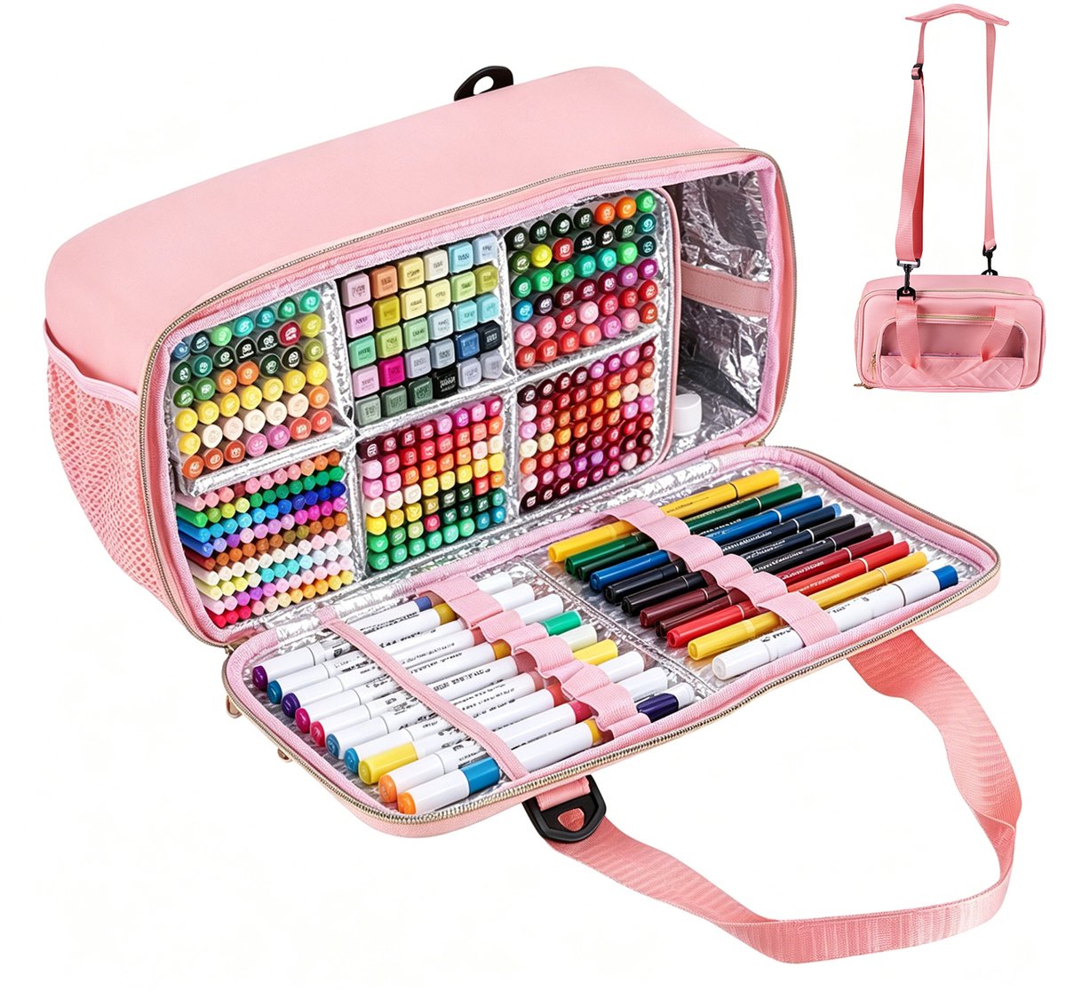Markeretui 120+ Stiften - Marker Opbergtas, Tekenspullen Organizer en Kunstbenodigdheden Tas met Voorvak, Verstelbare Schouderriem en Handgreep, 34,3x19x18 cm - Roze