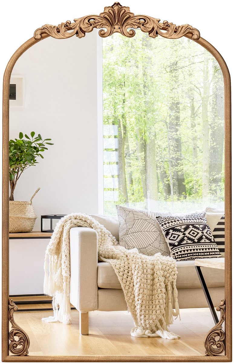 COSTWAY barokspiegel goud, 51 x 76 cm, wandspiegel boog met metalen frame, antieke boogspiegel, decoratieve spiegel voor open haard, woonkamer en hal