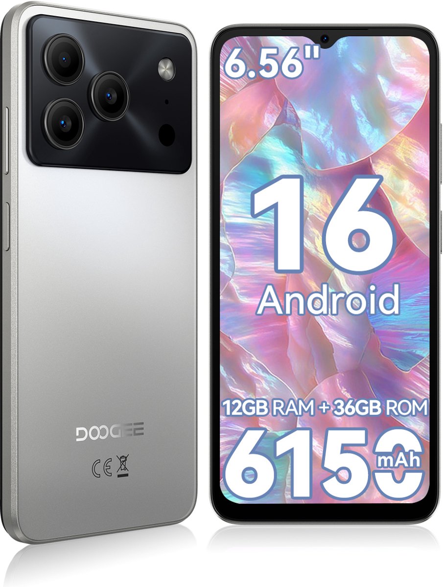 DOOGEE Note 56 Lite Smartphone - 6,56 Inch - 12GB(3+9) RAM - 32GB ROM - 6150 mAh - Android 16 - Met 3,5 mm hoofdtelefoonaansluiting - Zilver