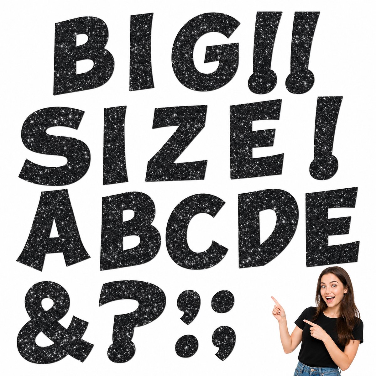 Glitterletterset voor prikbord – 124 letters (ca. 18 cm hoog) – 30 leestekens – 200 plakpunten – Geschikt voor klaslokalen – Decoratieve letters voor prikbord – Posterletters – Gemakkelijk te gebruiken – Zwart