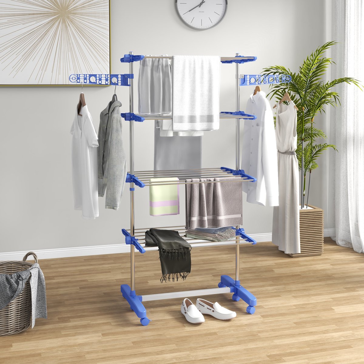 DESMIU Kledingrek – Met Wielen, Opvouwbaar En Verstelbare Zijstang – 142 X 55 X 172 Cm – Staal – Blauw – Voor Binnen