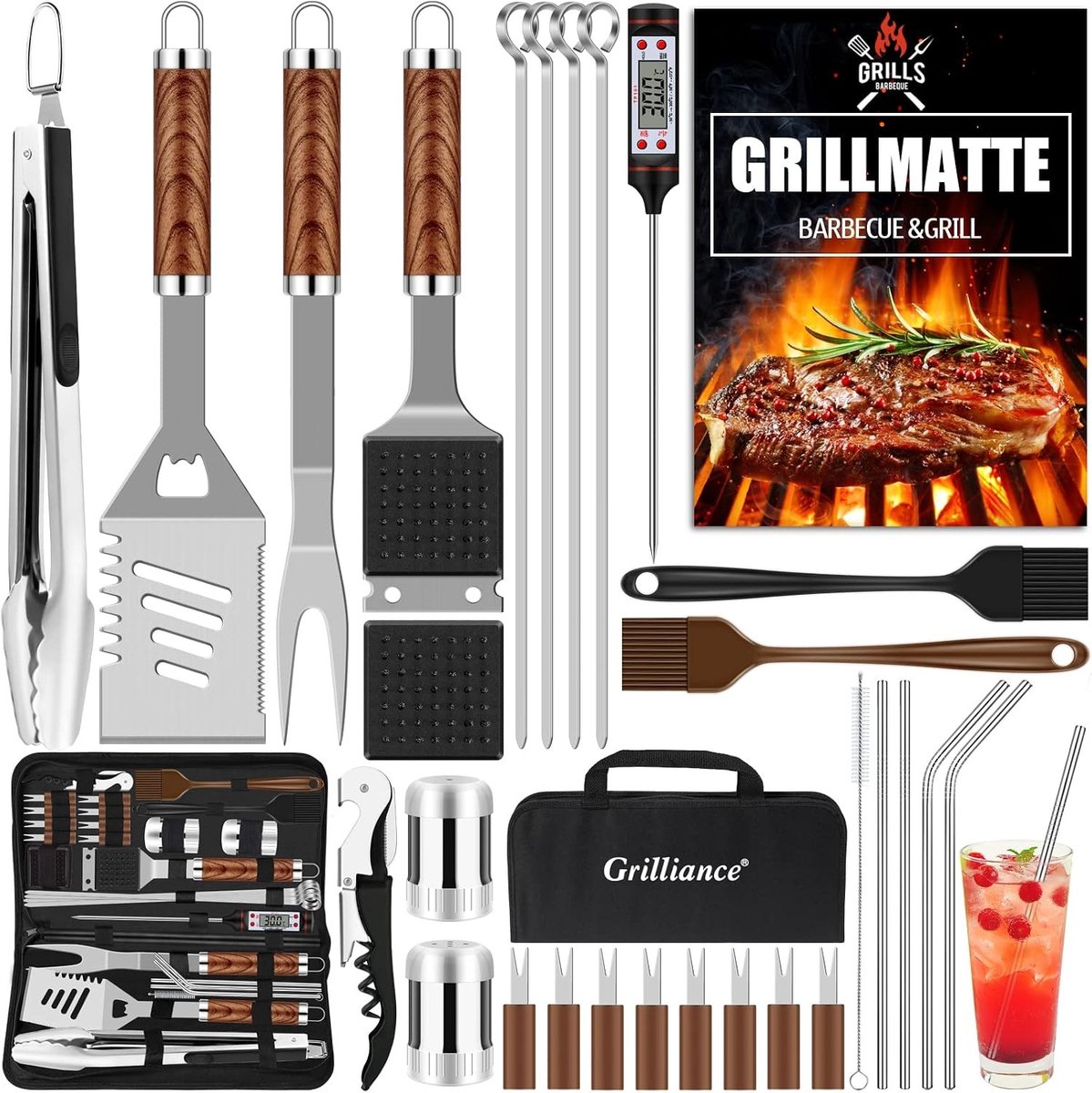 Plancha barbecue - Bruin - 30-delig - Roestvrijstalen Grillset met Opbergtas - Voor Tuin en Camping