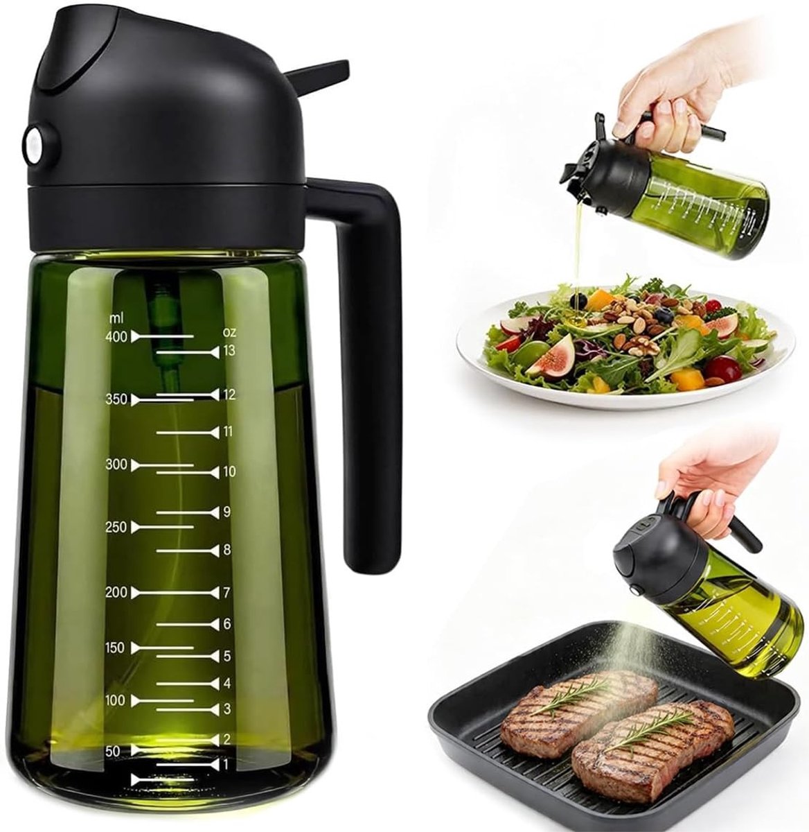 Olijfoliesprayer - Zwart - 470 ml - BPA-vrije oliesproeier en schenktuit - Voor gezond koken en grillen