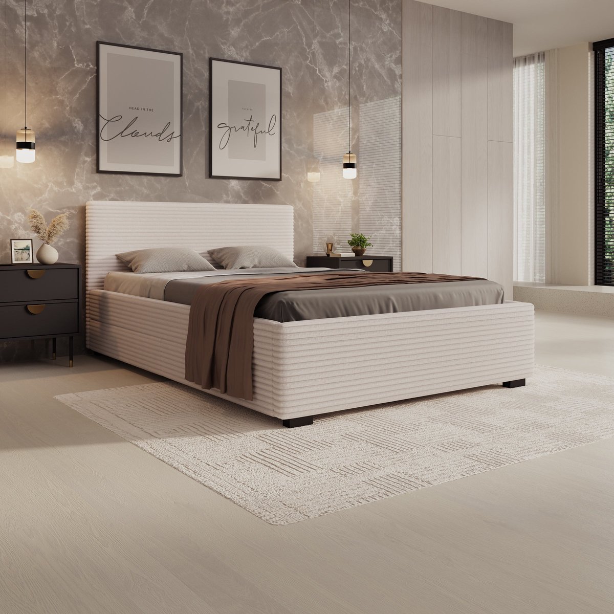 Meubella - Tweepersoonsbed Loox - Beige ribstof - 140x200 cm