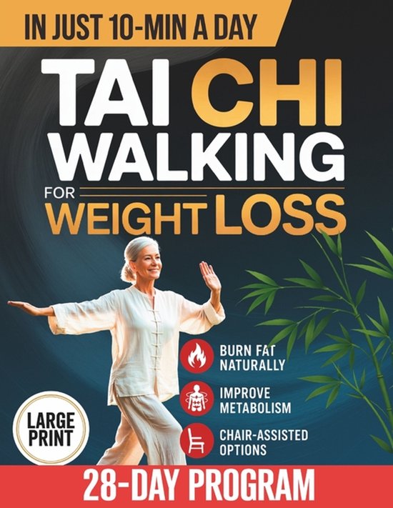 Vrouw in witte outfit die Tai Chi beoefent met tekst 'Tai Chi Walking for Weight Loss'. 28-dagenprogramma, groot lettertype.